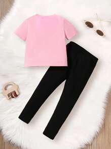 SHEIN Playful Pals 1 Set Girls Toddler Casual Cute Bear & Letter Print Round Neck Short Sleeve T-Shirt And Leggings Outfit, Comfortable Spring/Summer