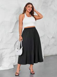 SHEIN LUNE Plus Size Women's Elegant Solid Color Pleated Elastic Waist A-Line Skirt, Summer - Black - View 5