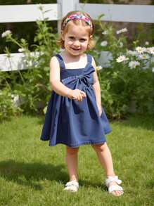 Cozy Pixies Baby Girl Decorative Bow Strap Waist Tunic Dress - Blue - View 5