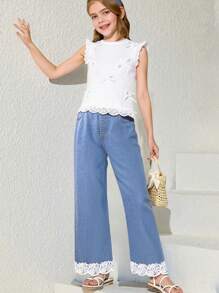 2 Stücke/Set, Tween-Mädchen Sommer Outfit, bestehend aus weißem ärmellosen Top mit Schleife und weiter Jeans Schlupfhose, Lässig