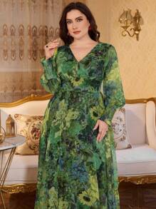 Modelyn 全新奢华优雅宽松V领长袖连衣裙 - 綠色 - 查看 4