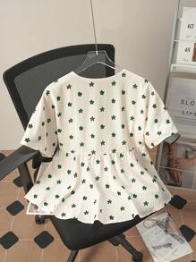 SHEIN ChicEase 女式褶饰 3D 花卉泡泡袖衬衫 - 彩色 - 查看 2