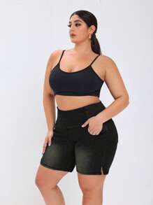 Flexra 大码女式休闲弹力针织牛仔短裤，深水洗蓝色，带口袋 - 黑色 - 查看 6