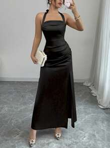 Rafferiza Đầm suông satin bó sát màu sâm panh thanh lịch xẻ tà bên hông, dài - màu đen - Xem 7