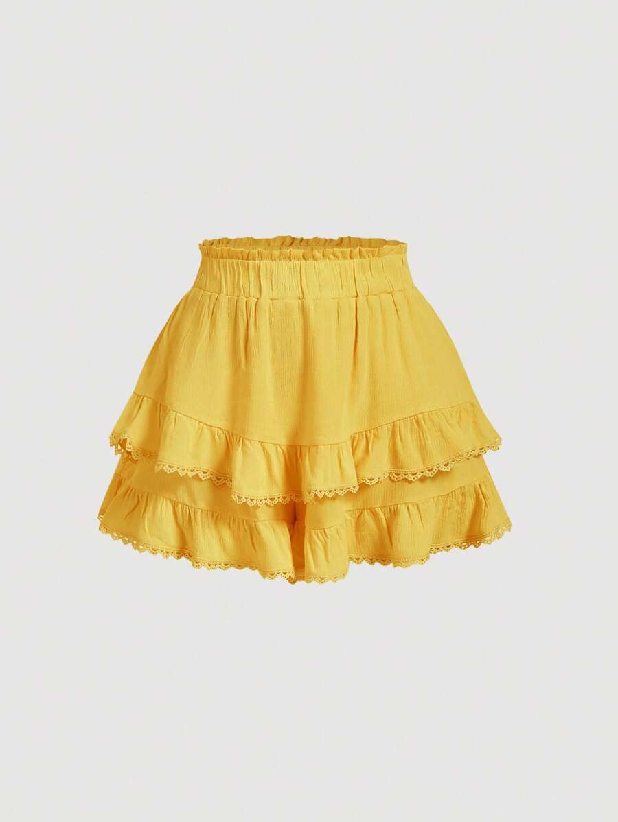 SHEIN MOD Women's Casual Plain Texture Ruffle Hem Shorts, Summer - Yellow - View 1