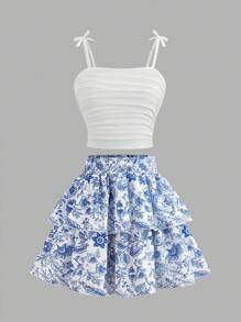2pcs Teenage Summer Vacation Set - White Pleated Camisole Top & Blue Printed Mini Skirt