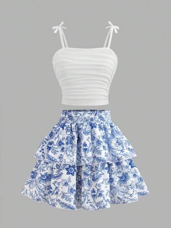 Sweetra Young 2 pièces Ensemble de vacances d'été pour adolescentes - Débardeur plissé blanc et mini-jupe imprimée bleue