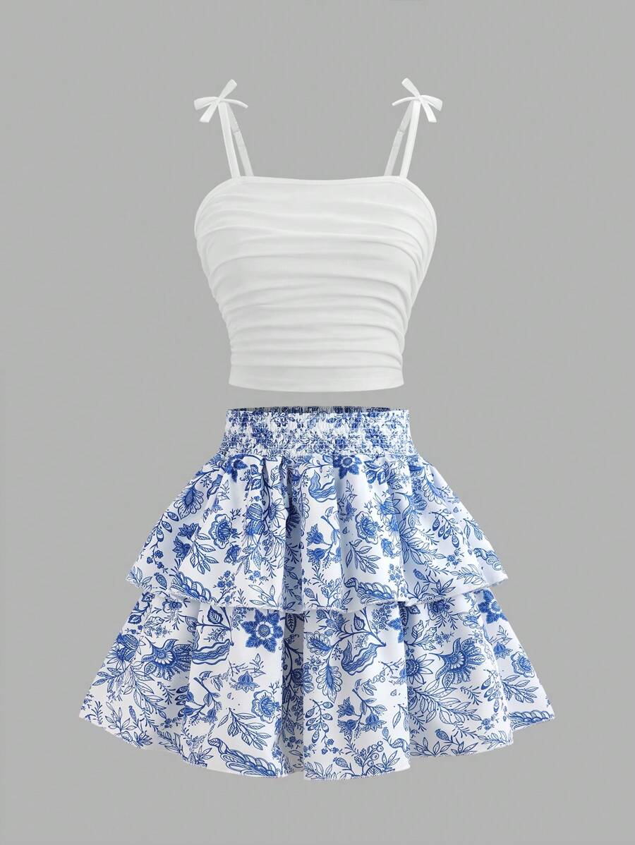 2pcs Teenage Summer Vacation Set - White Pleated Camisole Top & Blue Printed Mini Skirt