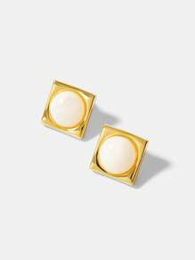 MOTF PREMIUM Pendientes con perla artificial con forma geométrica cuadrada chapados en oro de 18k