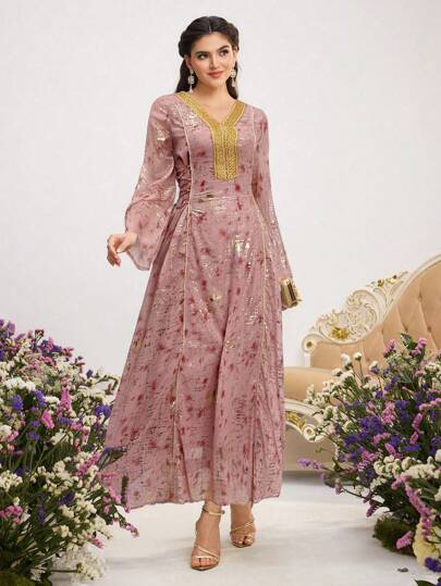 Al Najma 女式花卉印花 V 领束带优雅长袖阿拉伯风超长连衣裙