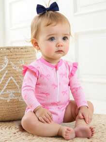 SHEIN Baby Girl Striped & Bow Print Zipper Long Sleeve Rash Guard Swimsuit - Pink - View 7