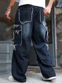 Manfinity LEGND Men's Casual Everyday Distressed Multi-Pocket Loose Denim Blue Jeans Hang Out Street College, Emo Style - Black - View 2