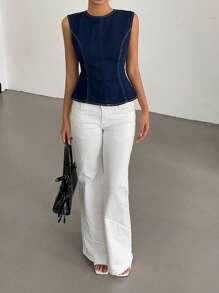 Aloruh Damski seksowny top z odkrytymi plecami i wiązaniem na ramiączkach, z okrągłym dekoltem, dżinsowy, krótki, letni top Saint John - Granatowy - Zobacz 6