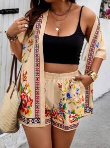 Breezaya Random Floral Plus Size Women 2 Pieces Set: Short Sleeve Shirt And Shorts - Multicolor - View 1