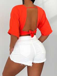 Zolique Women's Solid Color Short Sexy Backless Batwing Sleeve Shirt - Orange - View 2