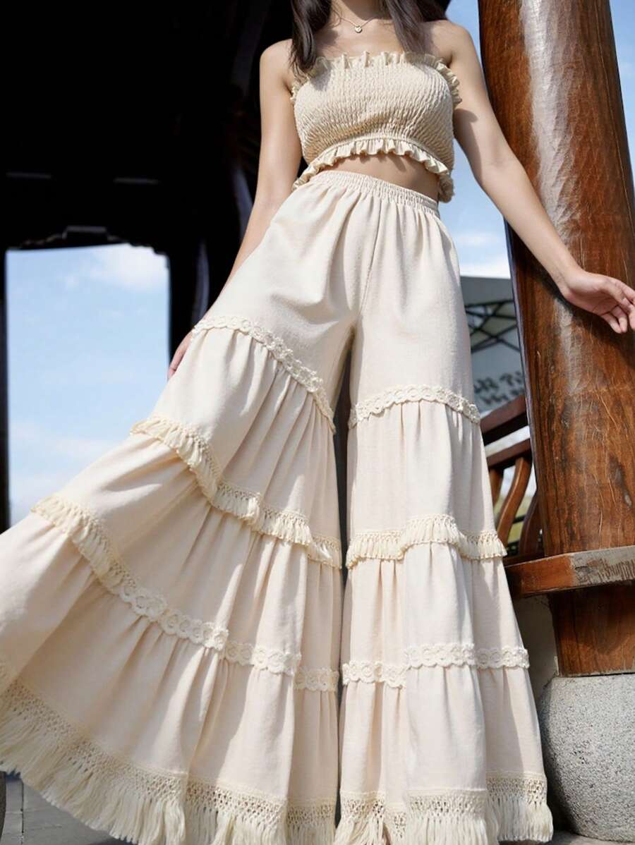 DAZY 2pcs/Set Women's Holiday Crop Top And Ruffle Trim Shorts Outfit, Summer - Beige - View 1