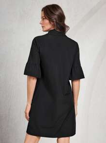 Miaspire Women's Summer Solid Color Front Button Elegant & Fashionable Short Sleeve Mini Dress - Black - View 3