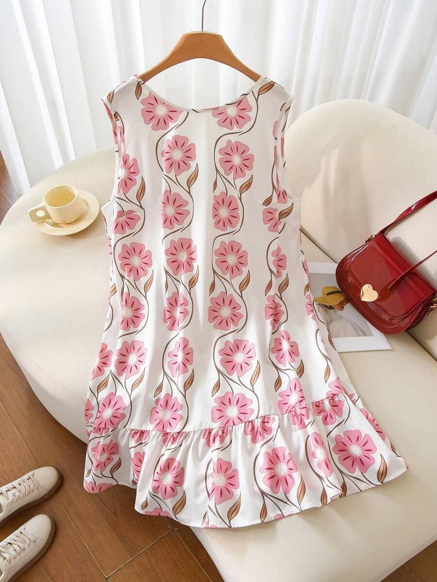 SHEIN Frenchy Plus Size Women Holiday Floral Print Tie Back Sleeveless Casual Dress - Multicolor - View 1