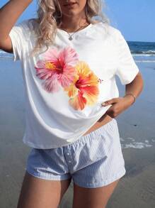 SHEIN EZwear Plus Size Casual Hibiscus Flower Printed Round Neck Short Sleeve T-Shirt, Loose Fit, For Summer - White - View 6