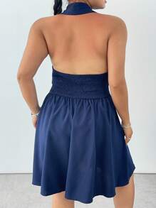 Flirla Plus Size Women's Backless Ruched Waist Shirt Collar Slip Dress With Front Keyhole - Black - View 2