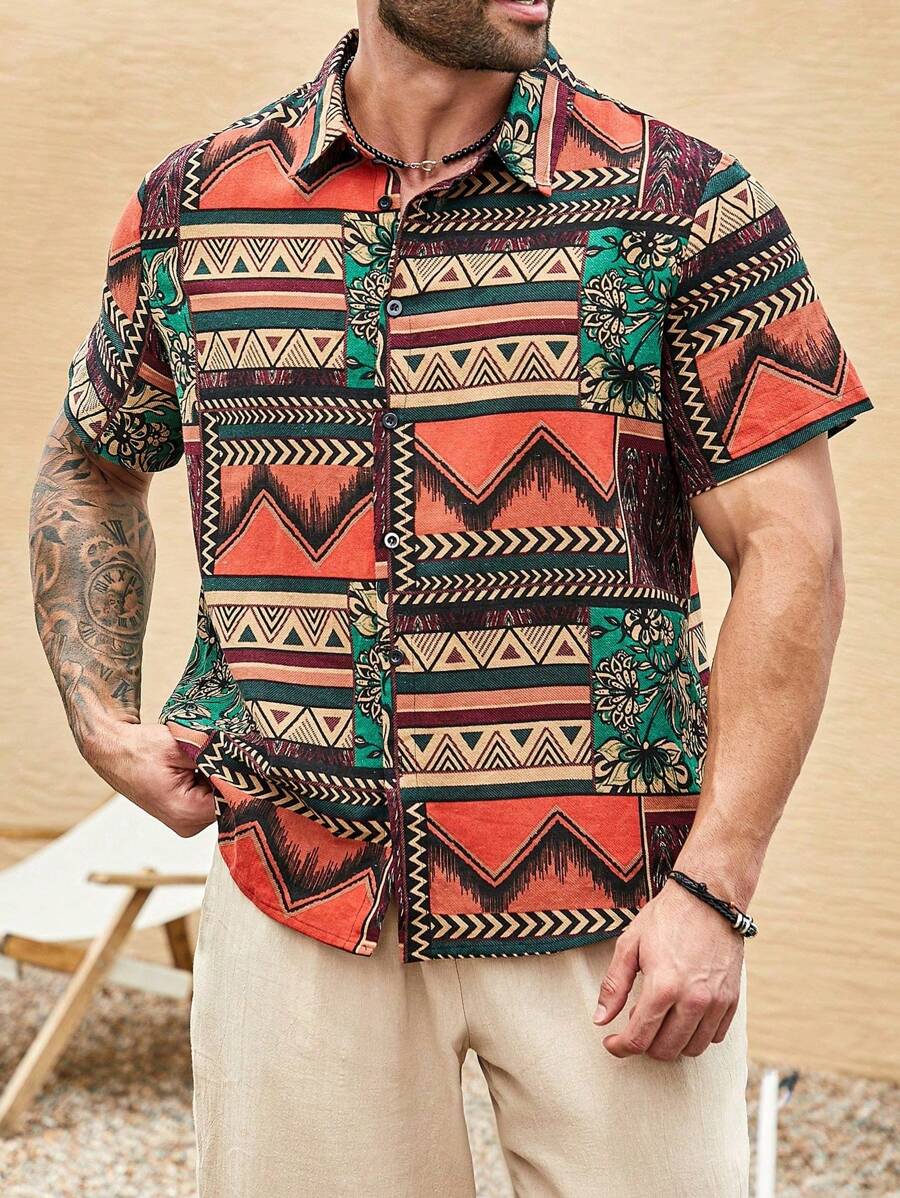 Manfinity RSRT Plus Size Men's Geometric Print Single-Breasted Short Sleeve Casual Shirt - Multicolor - View 1