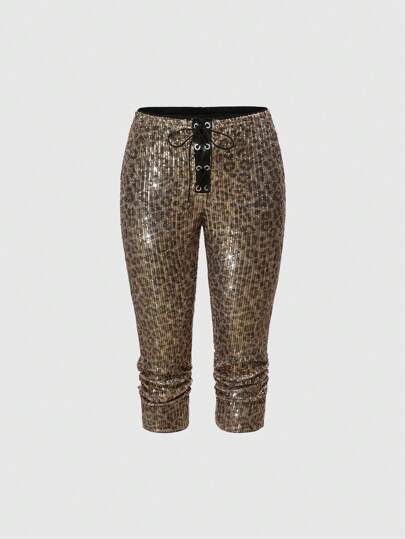 J-Fashion Pantalon taille basse vintage de femme à imprimé léopard avec paillettes et liens à la taille