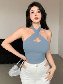 DAZY 女式无袖裹身短款背心，纯色 - 藍色 - 查看 5