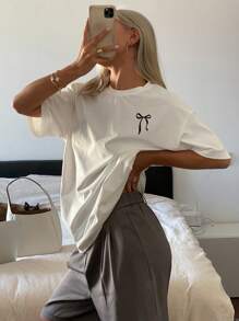 DAZY Camiseta de mujer de manga corta holgada de cuello redondo y color liso - Blanco - Ver 5