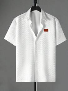 Manfinity Homme Men's Casual Textured Button Front Short Sleeve Shirt, Summer, Manfinity Men's Vacation Casual Style With An INS-Inspired Look, Featuring A Geometric Diamond-Textured Jacquard Knit Short-Sleeve Shirt.Breathable Fabric, Making It Ideal For A Hawaiian Beach Vacation.It's Perfect For Couples To Pair Together And Makes An Excellent Gift Idea For Boyfriends Or Husbands.Offers A French Elegance And Romance. - White - View 3