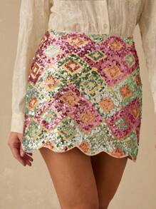 Enchnt 女式亮片几何图案贝壳下摆迷你裙 - 彩色 - 查看 3