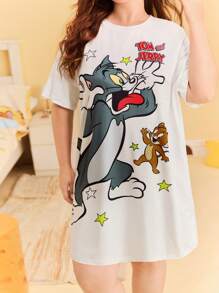 TOM & JERRY X SHEIN Plus Size  Summer  Y2K Cleanfit Casual Rave Outfits Festival  Punk Cover Up  Retro Vintage Cartoon Casual Cute Funny White  Cat Star Print Round Neck Casual Short Sleeve Sleep Dress
