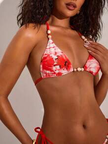 Opulessa Damen Sommer Strand Blume Muster Neckholder Vorne zu Binden Sexy Bikini 2-Teilig Badeanzug