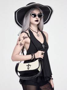 ROMWE Goth Bolso de mujer de paja patchwork con bandolera y decoración de tachuelas