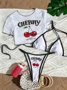 SHEIN Swim Mod Conjunto de traje de baño de 3 piezas para mujer que incluye: Bikini con estampado de cerezas y tirantes + Cubre con tela de malla transparente + Camiseta de manga corta, conjunto de ropa de playa de verano - Multicolor - Ver 1