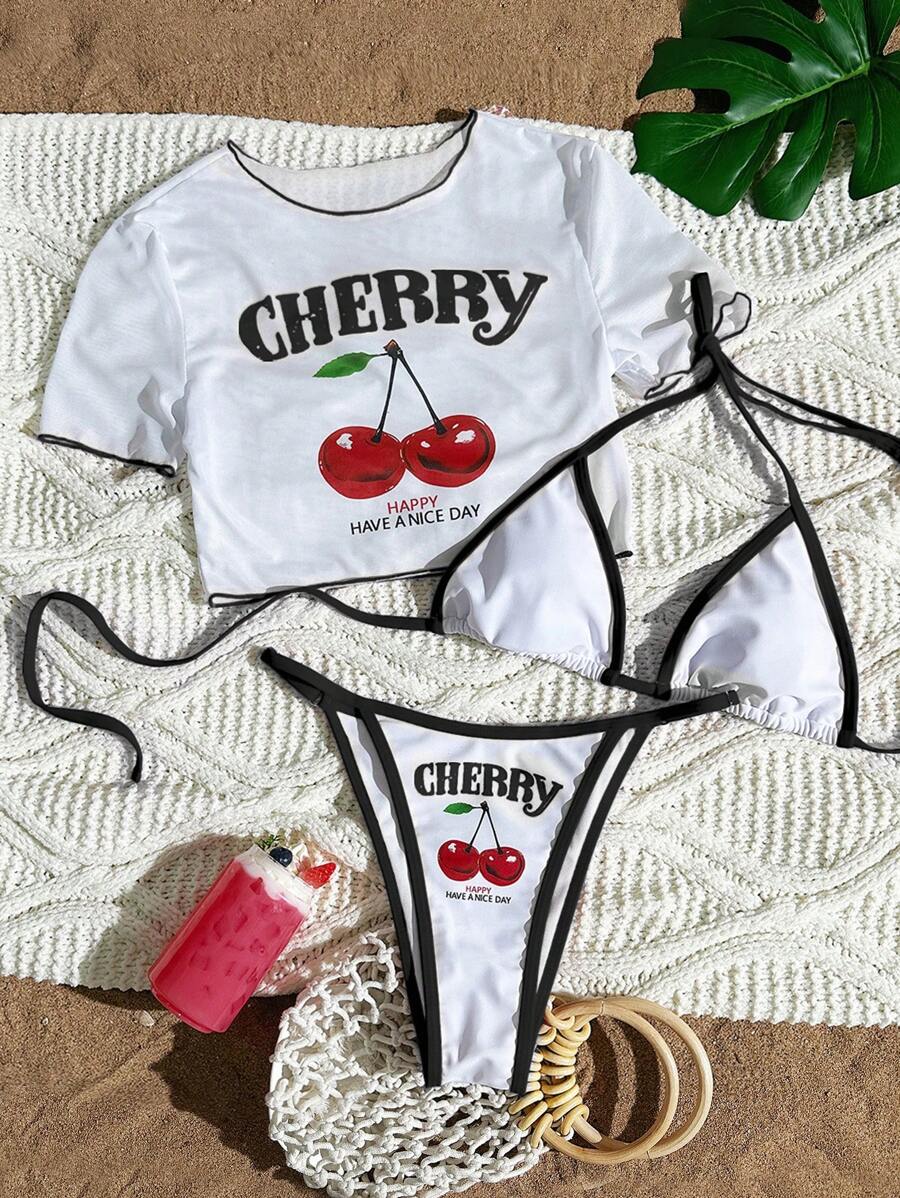 SHEIN Swim Mod Conjunto de traje de baño de 3 piezas para mujer que incluye: Bikini con estampado de cerezas y tirantes + Cubre con tela de malla transparente + Camiseta de manga corta, conjunto de ropa de playa de verano - Multicolor - Ver 1