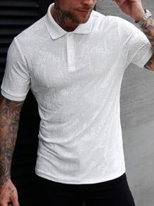 Manfinity Homme Camisa polo de manga corta casual para vacaciones con cuello y puños de tejido de punto texturizado, tela con estampado de paisaje jacquard