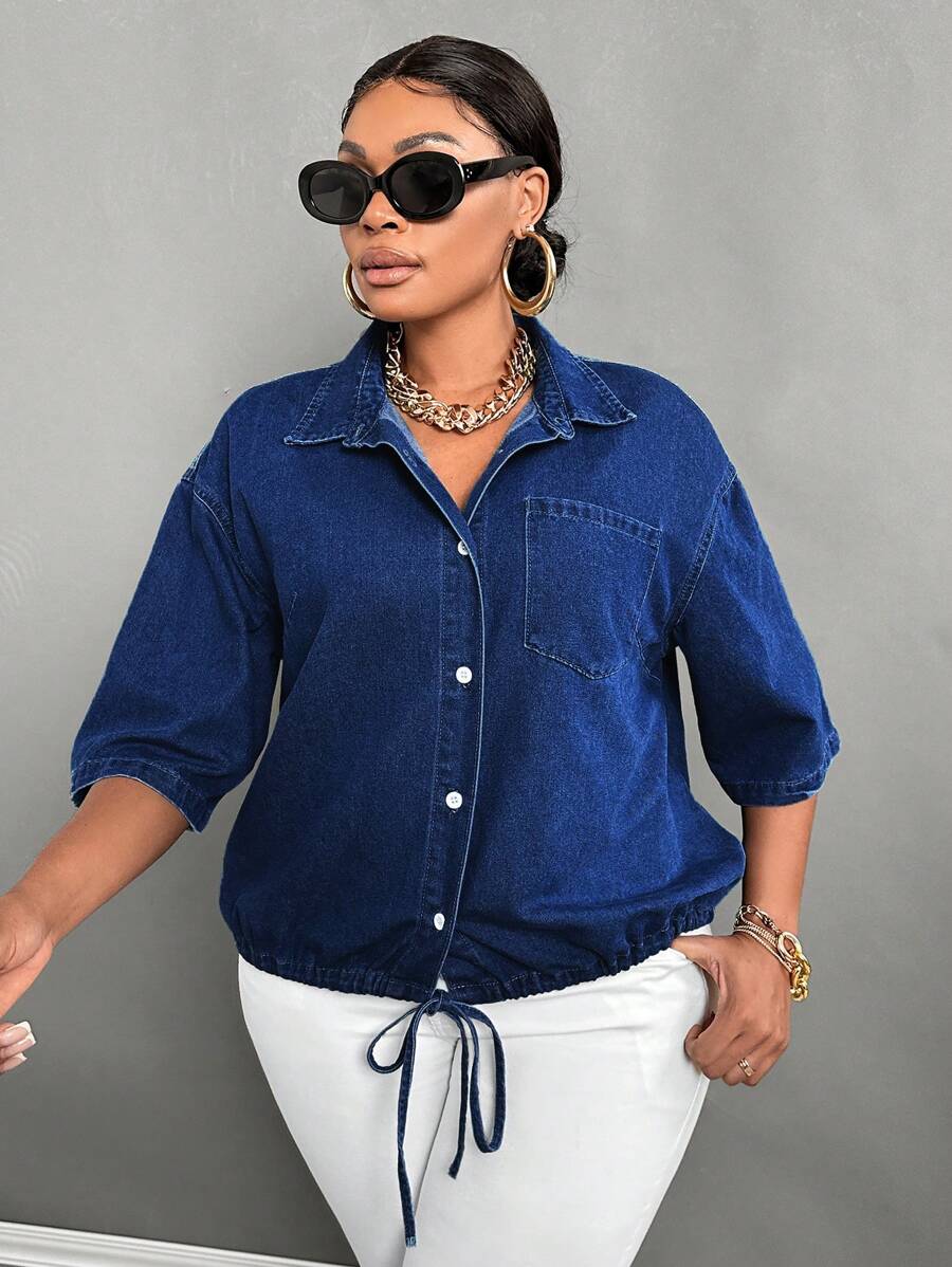 SHEIN Lady Plus Size Blue Denim Top Three-Quarter Sleeves Sexy Shirt Loose And Slim Casual Women Shirt Teacher Back To School, Fall - Dark Wash - View 1