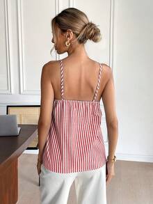 SHEIN Frenchy Áo ba lỗ rộng rãi thiết kế nút kẻ sọc cho nữ - Đỏ và trắng - Xem 2