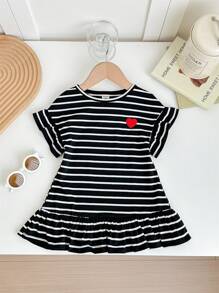 SHEIN Babygirl Cute Striped Heart Print Short Sleeve Knitted Dress, Spring/Summer - Black and White - View 4