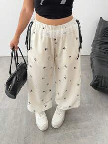 SHEIN PETITE CURVE 大码女式可爱蝴蝶结装饰宽松夏季长裤