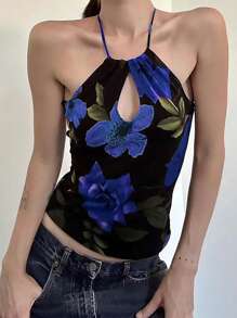 SHEIN EZwear Women's Floral Print Halter Neck Fitted Cami Top For Vacation - Blue - View 4