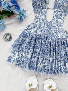 Soleia 春夏度假白色與藍色花卉印花深V領露背繫帶收腰荷葉邊迷你洋裝，波希米亞風度假陽光洋裝 - 藍白色 - 查看 6