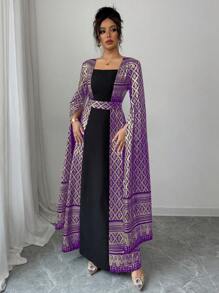 Chiquease 时尚优雅方领泡泡袖金箔花卉印花长裙，春夏 - 紫色 - 查看 3