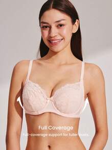 LUVLETTE Woman Full Coverage Lingerie Lounge Curve Support & Breathable Underwire Sexy Unlined Minimizer Lace Elegance Bra Bridal Intimates - Baby Pink - View 4