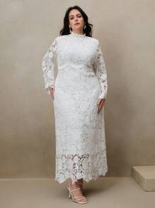 Anewsta 大码优雅纯色立领长袖蕾丝连衣裙