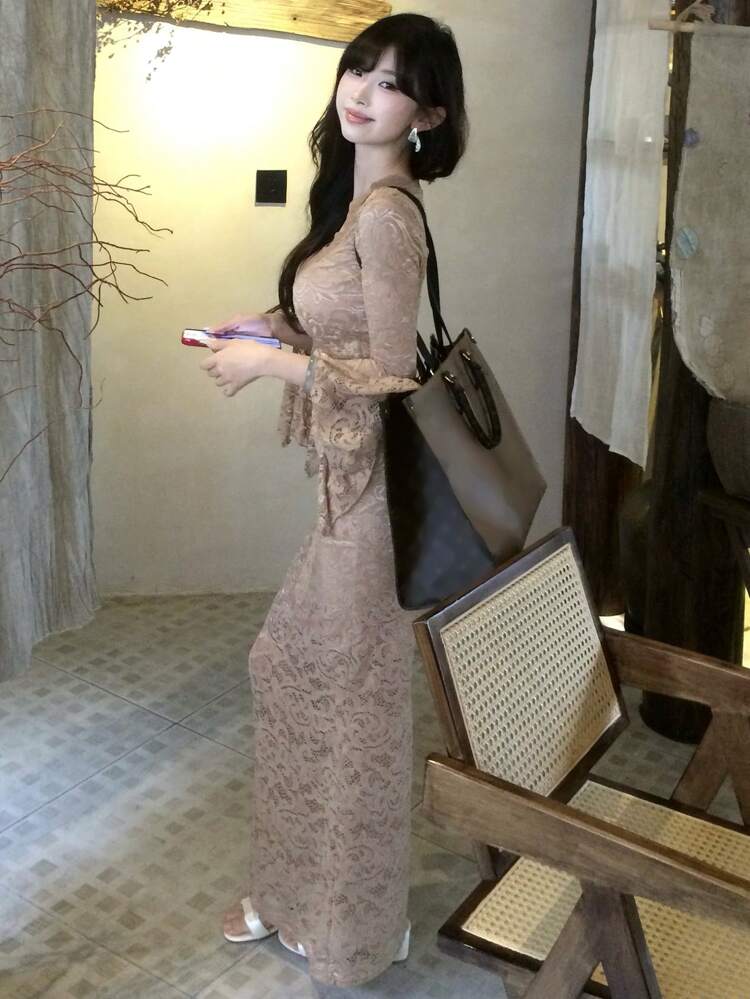 Women's Solid Color Lace Patchwork V-Neck Elegant Long Sleeve Dress,Fall Dress