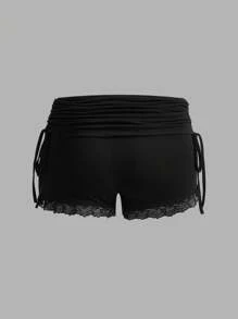 SHEIN ICON Slim Fit Drawstring Waist Foldable Lace Trim Decorative Casual Shorts, Comfortable - Black and White - View 6