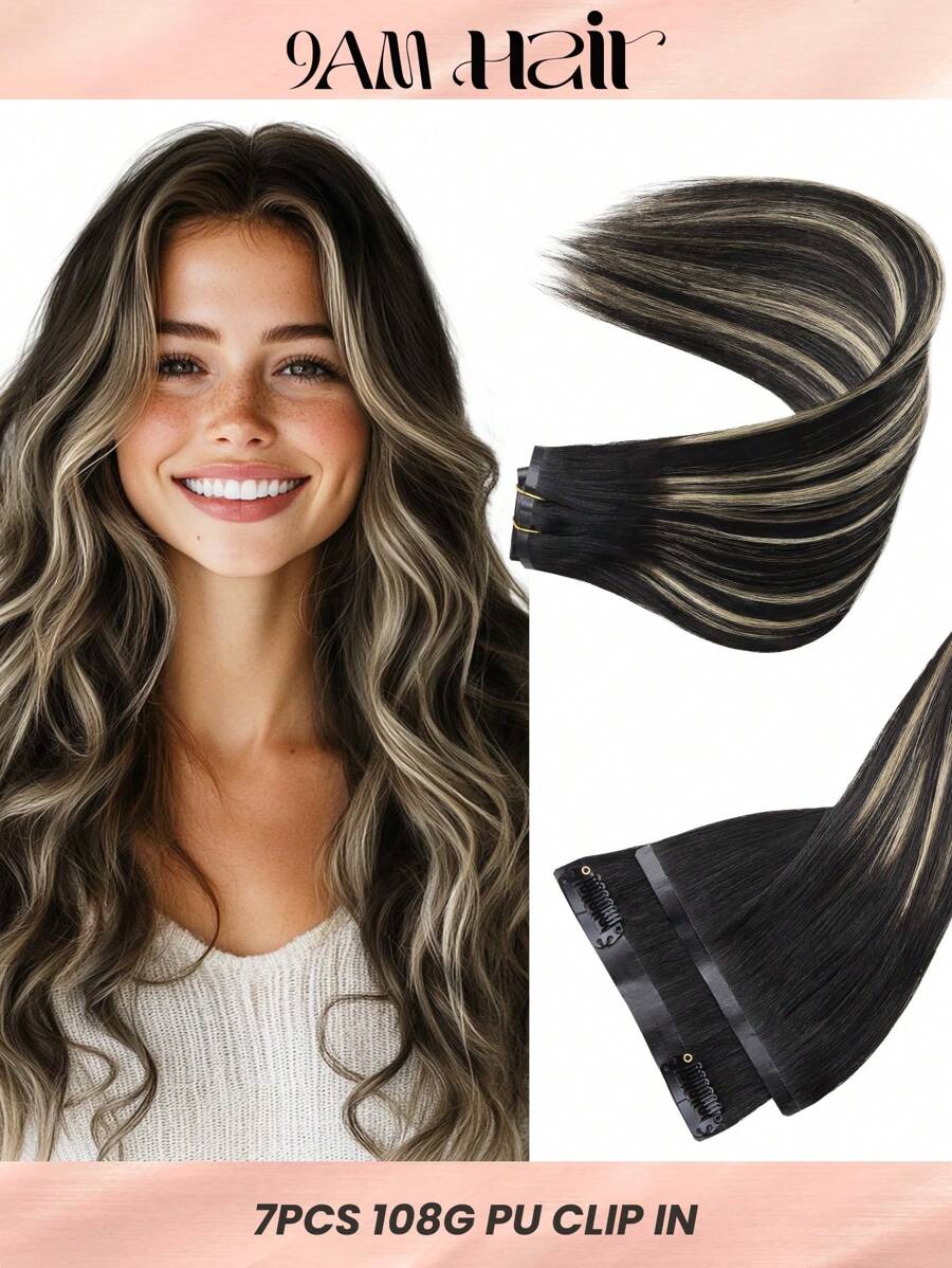 Seamless Clip Ins 7PCS Seamless PU Clip In Human Hair Extensions 100% Real Human Hair 14-22 Inch Balayage Ombre Blonde Color Skin Weft Remy Hair Extensions 110G With Clip - S1B/19/1B - View 1