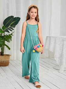 SHEIN Leap Crew Tween Girl Solid Color Fitted Casual Jumpsuit - Cadet Blue - View 4