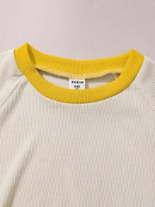 SHEIN Girls Casual Simple Round Neck Short Sleeve Shorts Set For Home & Outdoor, Summer New Arrival - Apricot - View 5